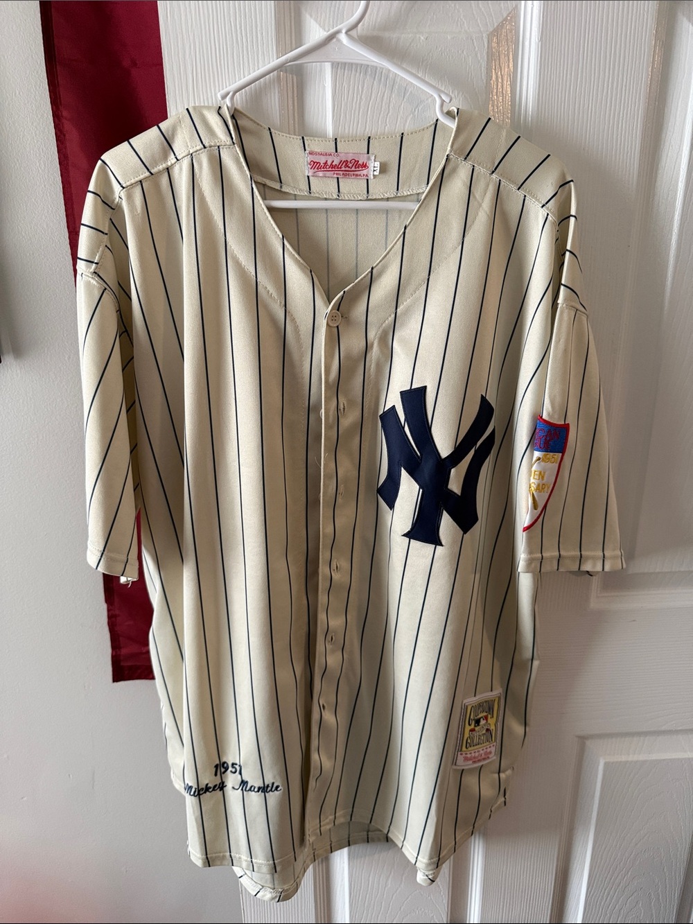 Mickey Mantle Mitchell & Ness Cream and Navy Pinstripe New York Yankees Jersey